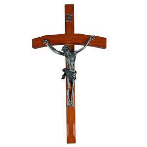 Vintage Wooden Wall Crucifix Hand Carved With Metal Jesus Figure Inri 12"